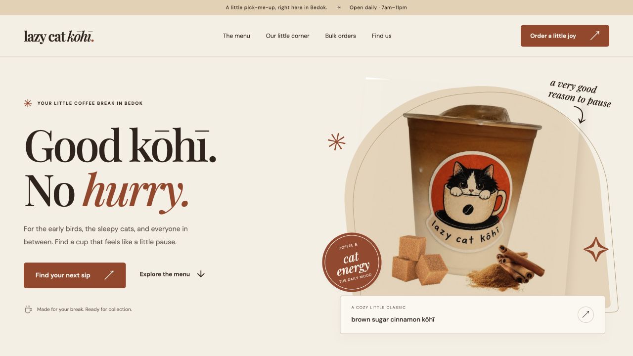 Lazy Cat Kōhī: Café homepage hero